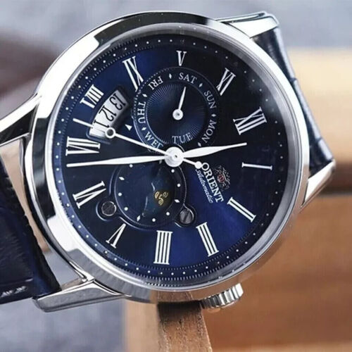 Orient Bambino Sun & Moon Mechanical Blue Dial and Leather Strap Men’s Watch box - Picture 8 of 10