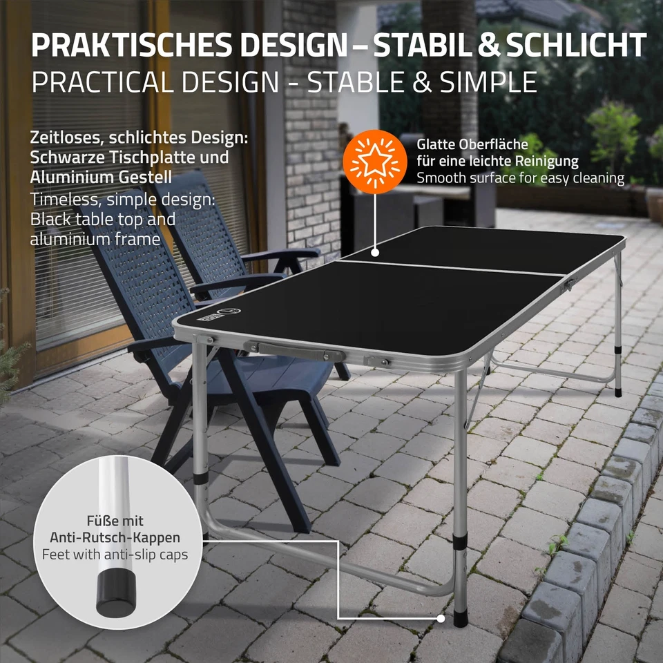Table de camping pliante en aluminium hauteur réglable noir/argent 120x60 cm - Photo 3/4