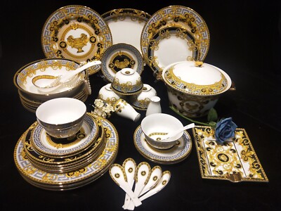 17 Pcs Light Blue//Grey Gold Greek Key Versailles Design Tea Set,