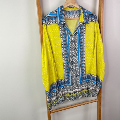 Malvin Shirt Top Womens 44 Blue Yellow Border Print Button Up Long Sleeve Casual - Picture 2 of 13