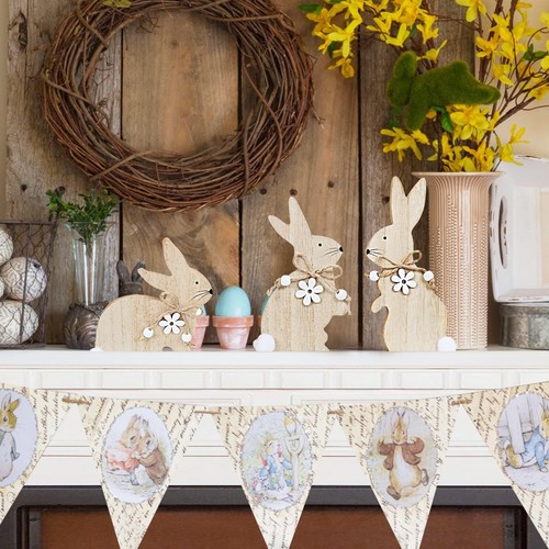 Easter Decorations Indoor Tabletop Rabbits Bunny Wooden Sign Gift 3 Pieces