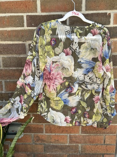 White House Black Market transparentes Chiffon Vogel & Blumen Top Bluse Rüschenärmel - Bild 2 von 6