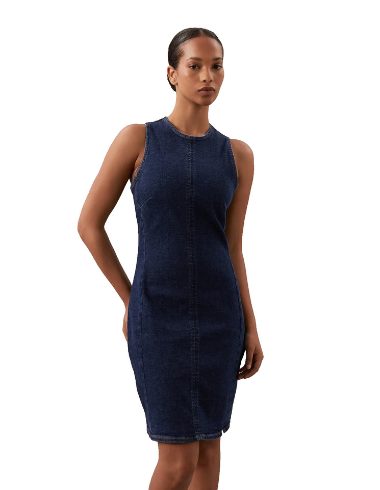 Calvin Klein Dress Sleeveless Power Stretch Denim Bodycon Mini RRP $199