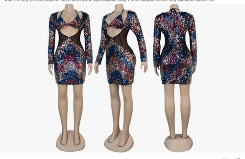 Women Sequin Long Sleeve Mesh Green Multi Mini Dress Large. 64f - Bild 4 von 4