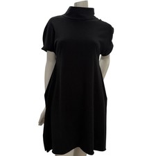 Simple Black Mock Neck Short Sleeve Knit Dress Minimalist A-Line women's Medium