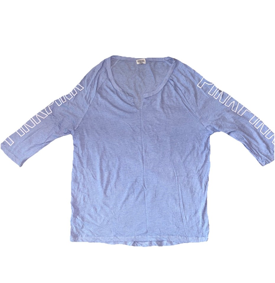 VS PINK Varsity Tee Womens Medium Victoria’s Secret T-shirt Blue 3/4 Sleeve Logo