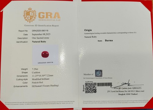 CERTIFIED Burma Ruby Gemstone: 7.29 Carat Cushion Cut, July Birthstone - Picture 2 of 9