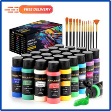 ACRYLIC PAINT SET 24-COLORS 2OZ BOTTLE Painting Artist Art Supplies 12-Brushes