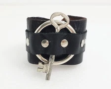 Vintage Black Leather & Silver Tone Hardware Biker Wide Bracelet -Small Size