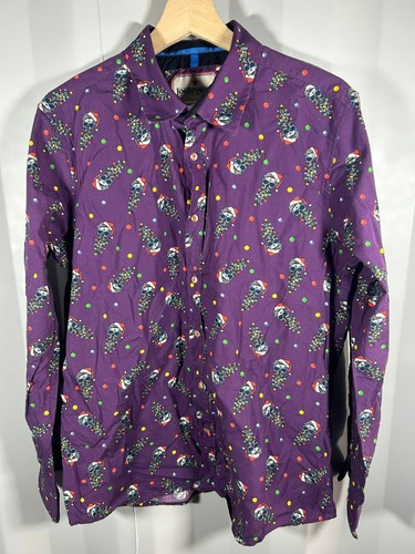 Joe Browns Camicia Uomo Natale Stampa Teschio Viola Festiva Manica Lunga M - Foto 1 di 9