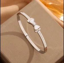 Mother Of Pearl Bow Knot Rhinestone Accented Stainless Steel Bangle Bracelet