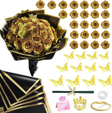 DIY Glitter Roses Bouquet Kit Gold- 24 Fake Shiny Flowers with Stems Butterfly C