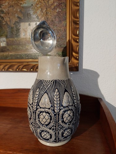 Hermosa jarra de gres Art Deco 1930 Westerwald CERVEZA LÚPULO ADORNO - Imagen 10 de 11