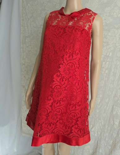 MOD RED SATIN & LACE Vintage 1960s Mini A-line PARTY COCKTAIL DRESS - S / M - Picture 3 of 13