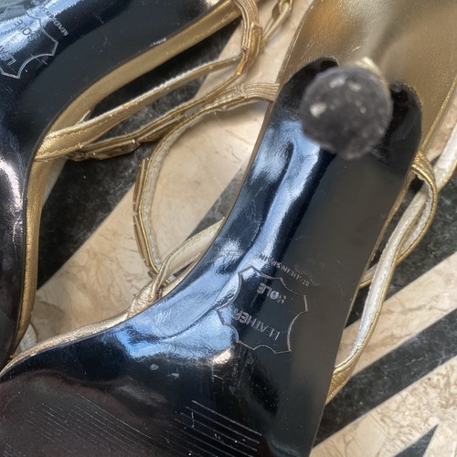 Stuart Weitzman Strappy Heels Gold Leather Crystal Size 6.5 Old Money D'Orsay - Picture 14 of 19