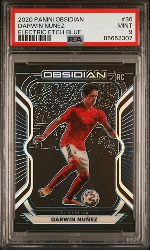 2020 PANINI OBSIDIAN EE BLUE #36 DARWIN NUNEZ ROOKIE RC 30/30 PSA 9