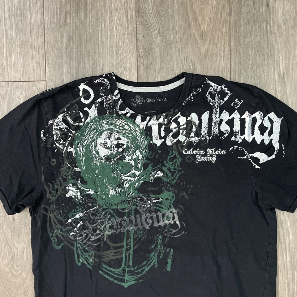 Calvin Klein Jeans Mens L T Shirt Black Y2K Style Graphic Gothic - Image 2 of 4