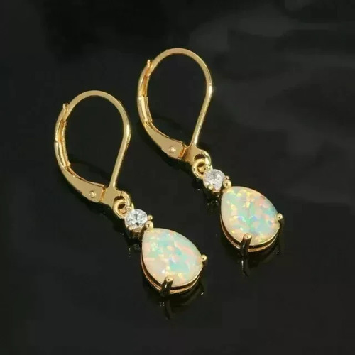 2.00Ct Pear Cut Natural Fire Opal Drop Dangle Earrings 14K Yellow Gold Plated - Picture 2 of 9