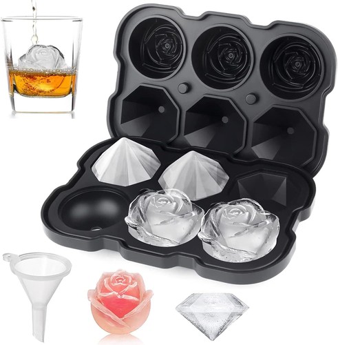 Ice Cube Tray, 2 inch Rose Ice Cube Trays With Covers, 3 Cavity Silicone Rose I