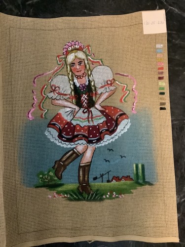 Vintage Painted Needlepoint Canvas Pair Of European Dancing Boy & Girl Folk art - Picture 3 of 4