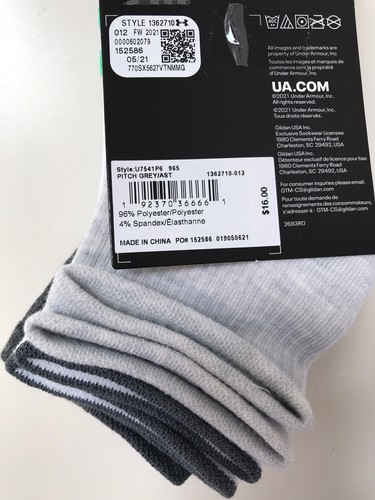 6 Pair Under Armour Youth 13.5K-4Y Essential Lite Quarter Socks Gray White Green - Picture 9 of 11