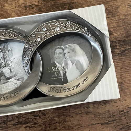 Fetco Photo Frame Wedding Gift Double Ring Pewter Finish Rhinestone 2.5" x 3" - Picture 3 of 7