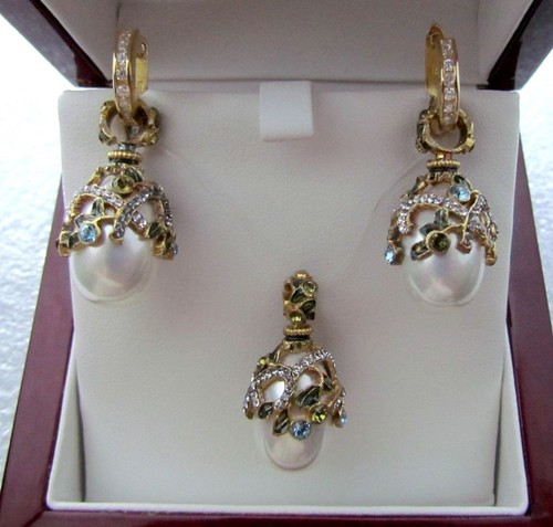 JUEGO DE PENDIENTES Y COLGANTES DE PERLAS HECHOS A MANO PLATA ESTERLINA SÓLIDA RUSA 925 ORO 24K - Imagen 3 de 11