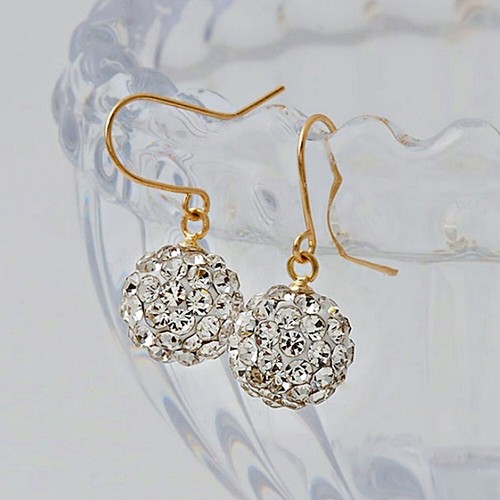 JNK 14K Solid Yellow Gold Mirror Ball Cubic Drop Dangle Hook a Pair of Earrings - Picture 3 of 7