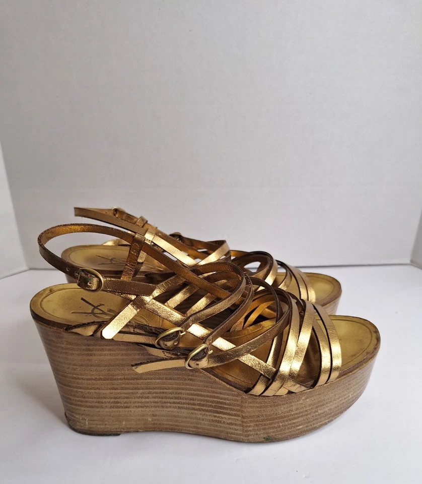 Vtg Y2K 2000's YSL Yves Saint Laurent Metallic Wedge Platform Sandals Sz 38 - Image 4 of 4