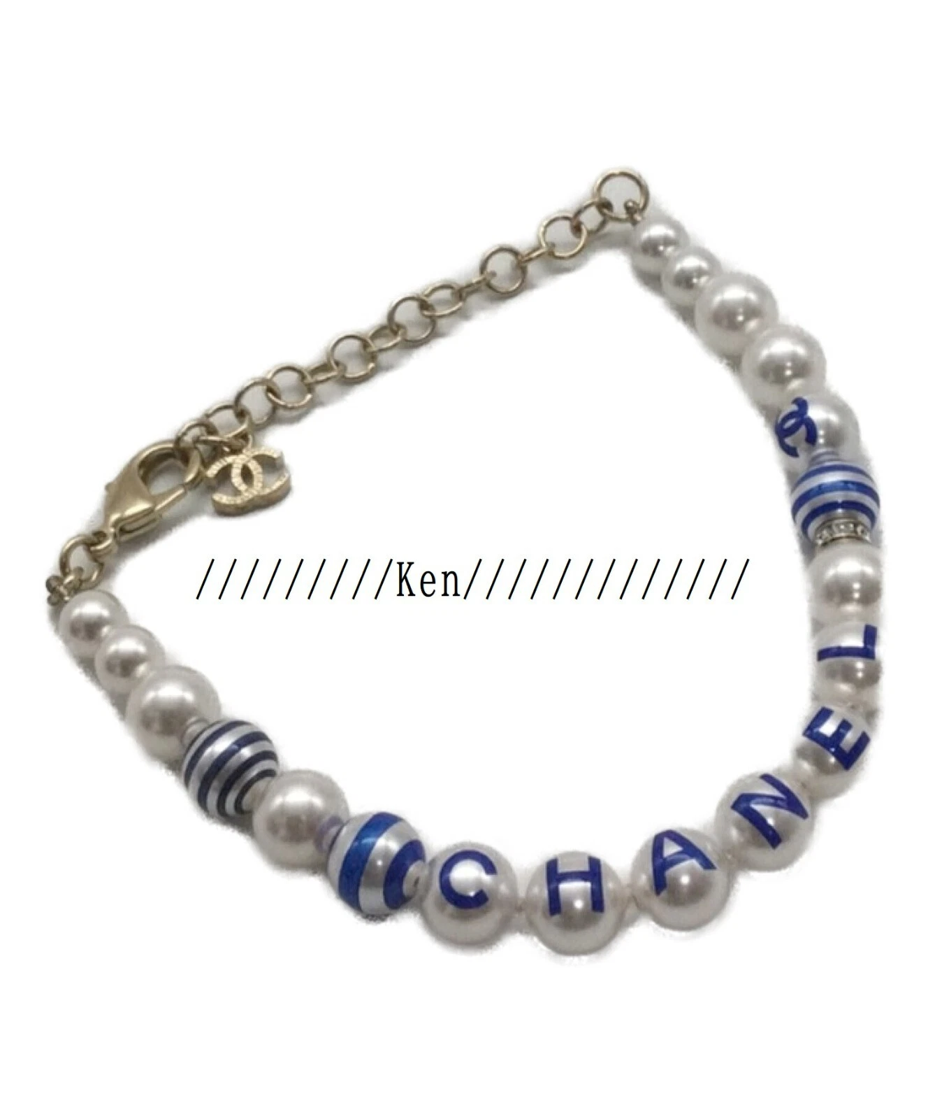 CHANEL Bracciale Bracciale AUTENTICO Raro COCO CC Vintage Blu Perla Oro Logo Catena F S