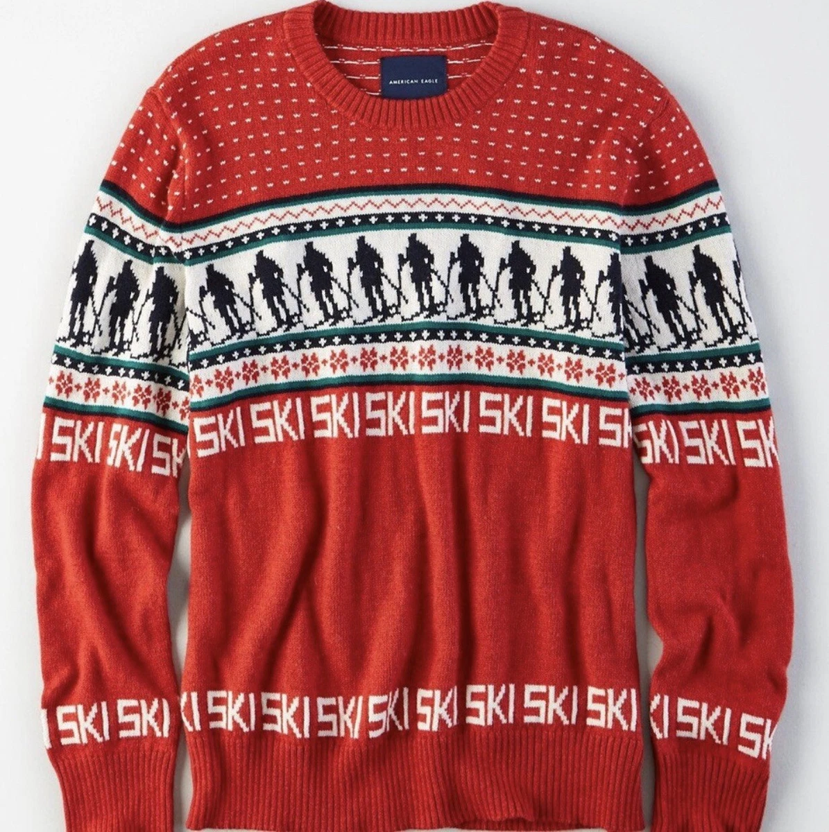 American Eagle Men s Red Ae Ski Crewneck Sweater Christmas Holiday