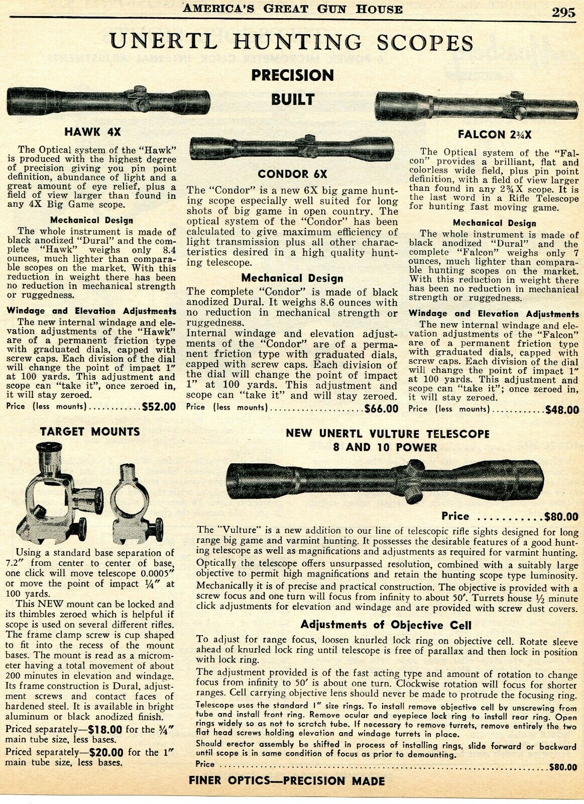 1960 Print Ad Unertl Hunting Rifle Scope Hawk, Condor, Falcon, Vulture  Telescope