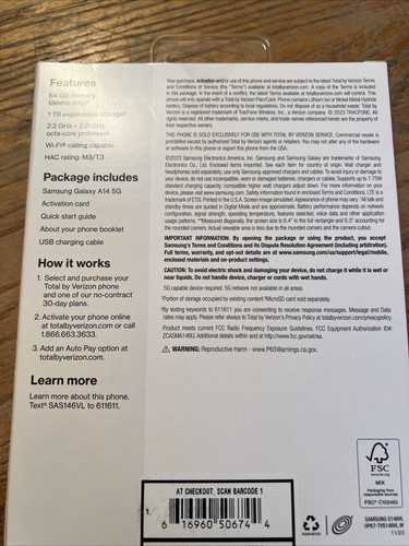 TOTAL BY VERIZON SUMSUNG GALAXY A14 5G 64GB, Black Prepaid Smart Phone BRAND NEW - Picture 2 of 2