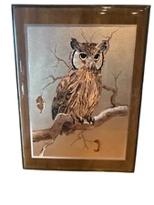EUC C. Hoss Brown Owl Bird Print Metallic Foil Art Vintage 8x10