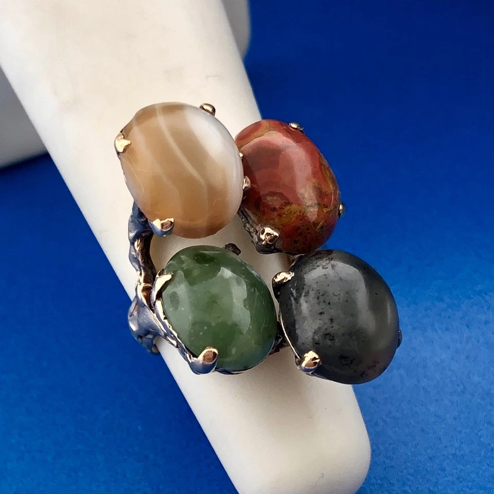 Retro Custom 14K Yellow Gold Jade Agate Jasper Protection Strength Courage Ring - Image 4 of 4