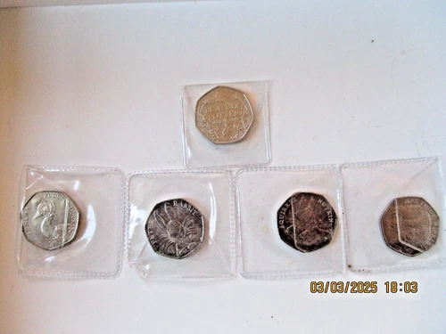 VINTAGE 2016 ,  5 X 50 p BEATRIX POTTER COIN SET BU  ; JEMIMA , NUTKIN ETC.,