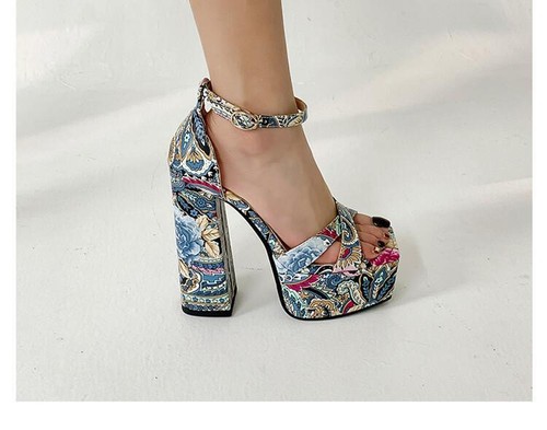 Sandalias para mujer de tacón alto verano moda bloqueo de color peep toe hebilla sandalias - Imagen 20 de 24