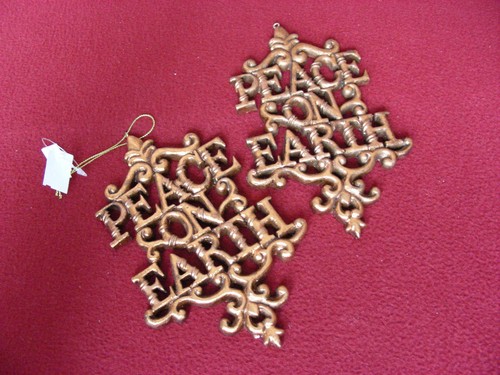 " LK! " 2 " PEACE ON EARTH " Goldtone Ceramic Christmas Ornaments NWT! " LK! " 2 " PEACE ON EARTH " Goldtone Ceramic Christmas Ornaments NWT!