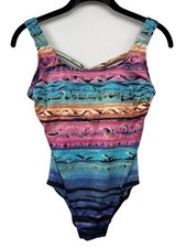 Vintage Robby Len Women  s Size 8 One Piece Swimsuit Criss Cross Back Multi Color