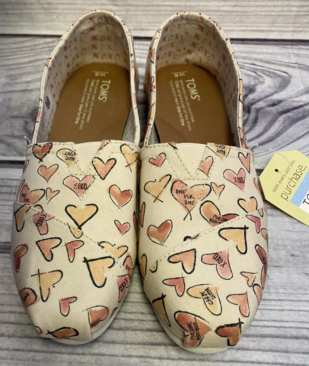 TOMS Conversation Watercolor HEARTS Light Pink Canvas Shoe Women 8