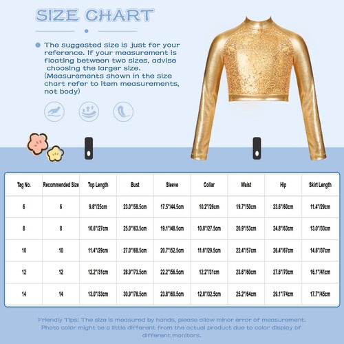 Girls Metallic Sequins Crop Top Long Sleeve Shirt Turtleneck Hip Hop Dance Tops - Picture 34 of 86