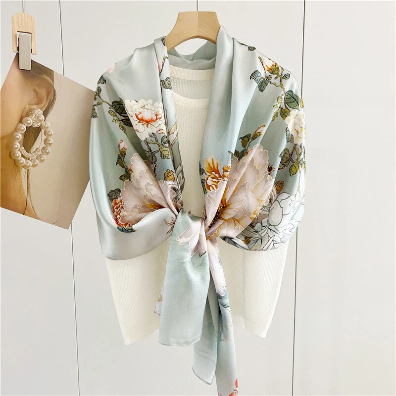 Womens Scarf 100% Silk Large Long Scarves Flower Print Shawls Wraps For Wedding