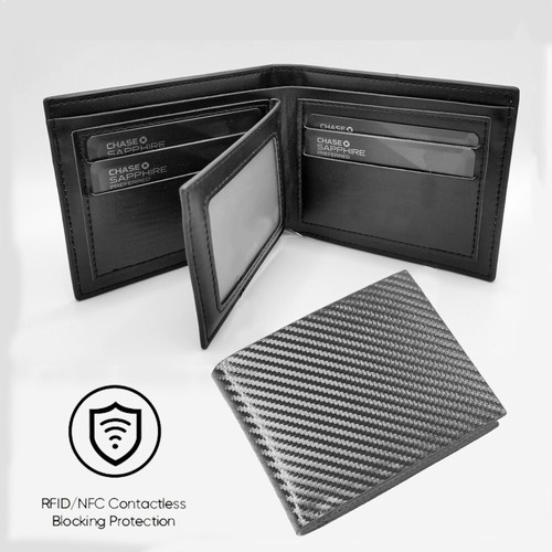 Billetera delgada para hombre con bloqueo RFID fibra de carbono cuero plegable soporte para tarjeta de identificación - Imagen 5 de 10