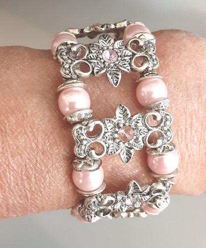 Pink Cats Eye Glass Bead Pearl Flower Stretch Bracelet Silver 1.25*7 - Picture 6 of 6