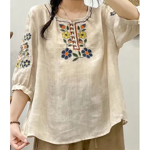 Women Cotton Linen Tops Summer Boho Embroidered Mexican Blouse Casual Oversized - Picture 10 of 27