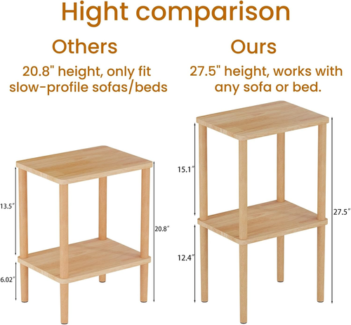 Solid Wood Side Table, 2-Tier End Table with Storage Shelves, Tall Night - Picture 6 of 9