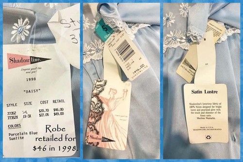 Juego de Camisón SHADOWLINE, Peignoir Flor Margarita Azul con Bata, Nuevo de Lote Antiguo con Etiquetas De Colección - Imagen 7 de 10