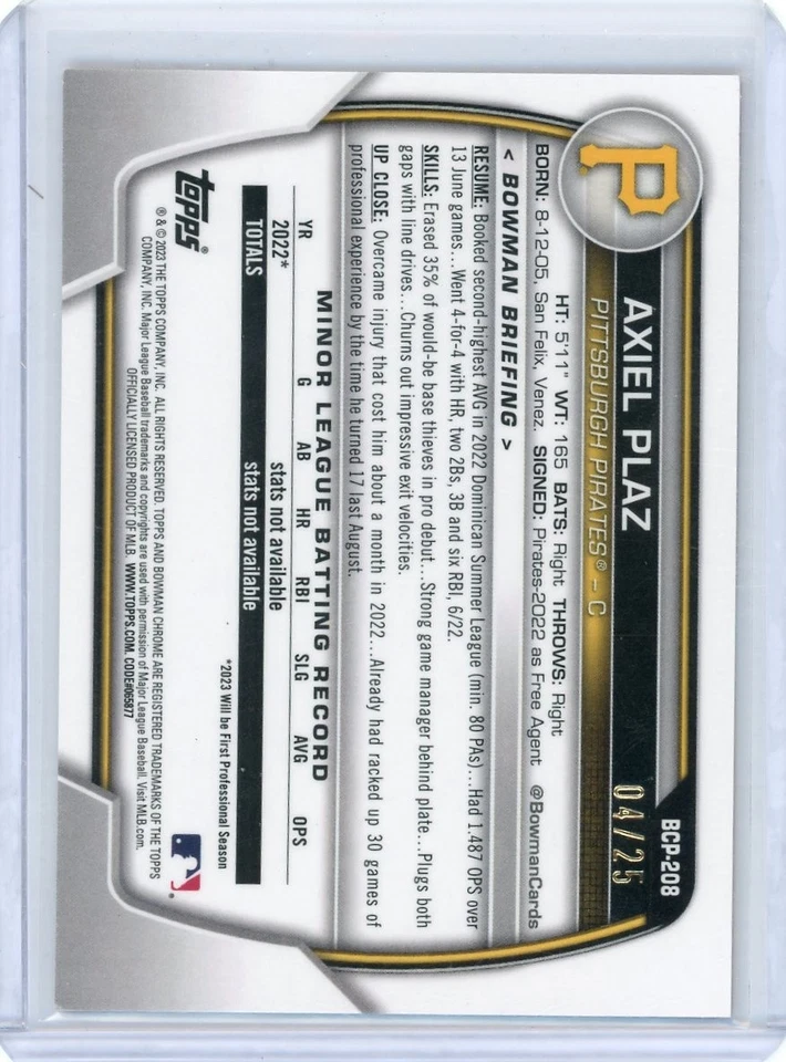 2023 Bowman Chrome Prospects Orange Shimmer Refractor /25 Axiel Plaz #BCP-208 - Image 2 of 2