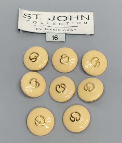ST JOHN By Marie Gray Knits Cream Enamel & Gold Logo Replacement Buttons 8 Pcs - Picture 2 of 6