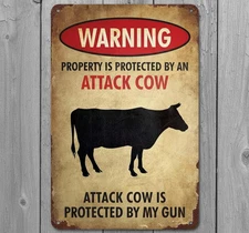 Warning Attack Cow 8 x 12 Vintage Novelty Metal Sign Made In USA New!